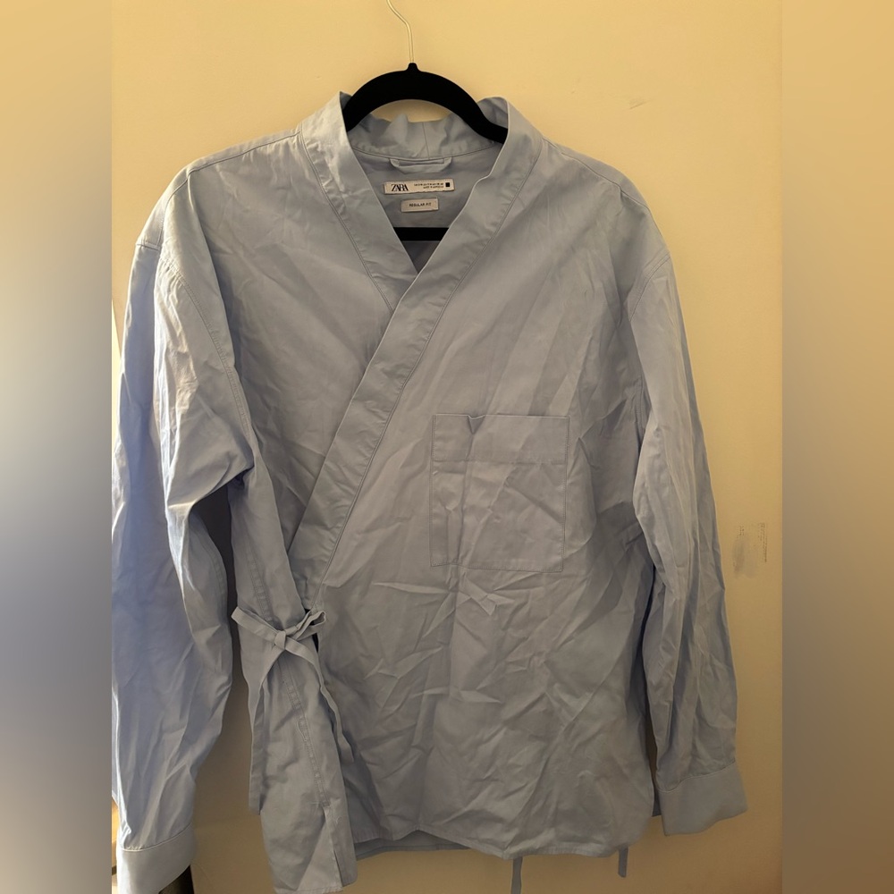 blue zara wrap shirt